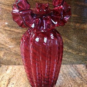 Vintage Fenton Cranberry Glass Ruffle Spirale Optic Vase.